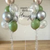 Luxe gepersonaliseerde ballon set Zilver-eucalyptus-champagne