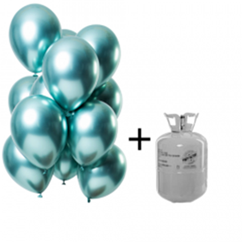 Helium cilinder + chrome/mirror Groene ballonnen 12 st.